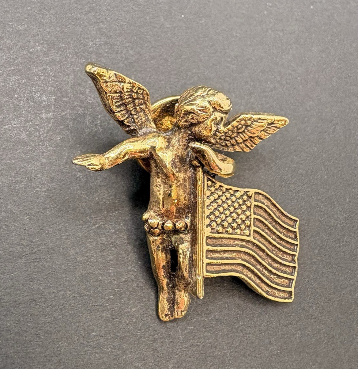 Vintage Kirks Folly American Flag USA Cherub Angel Pin Brooch Gold Tone
