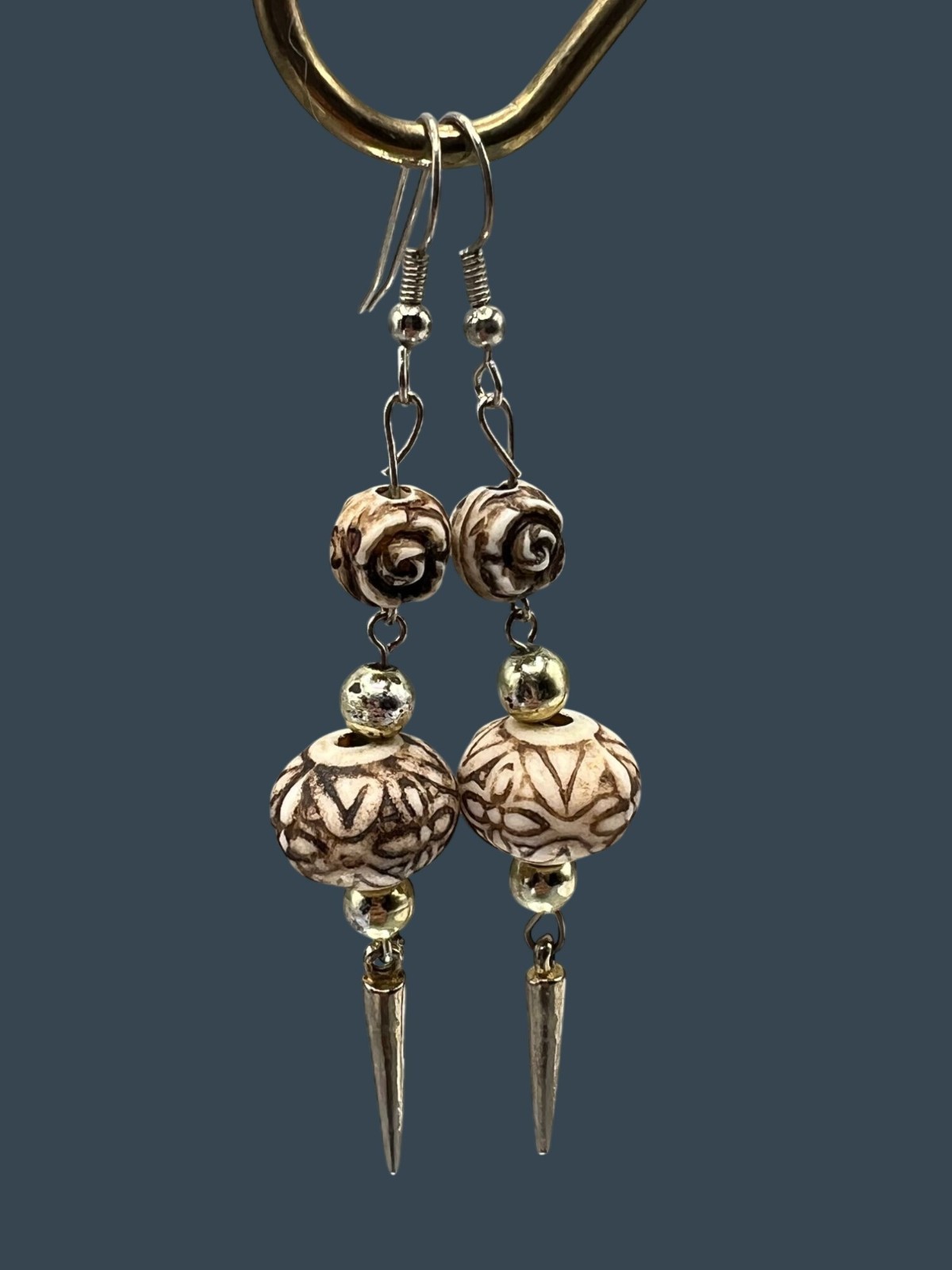 Boho Tribal Dangle Earrings Carved Beads & Gold Silver Toned Accents 3″ Brown