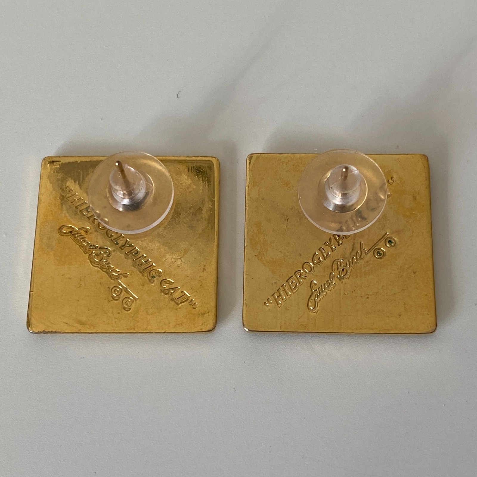 Laurel Burch Hieroglyphic Cat Enamel Square Post Earrings Signed Vintage