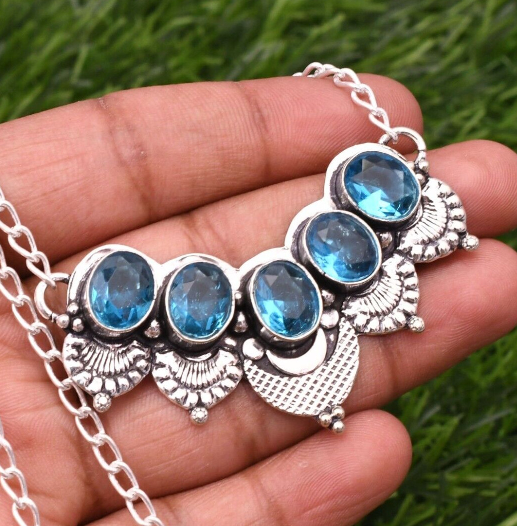 Blue Topaz Gemstone 925 Sterling Silver Handmade Jewelry Necklace 17-18″