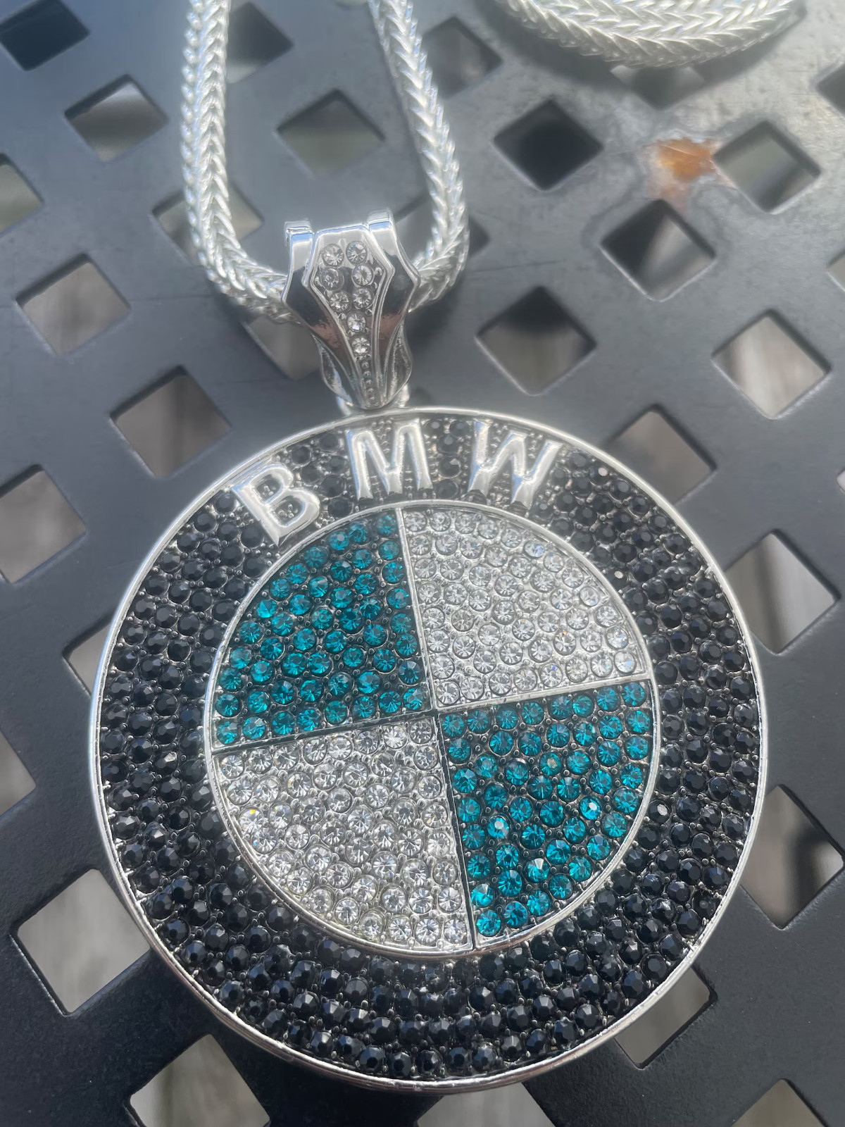 ICED XL Heavy Silver BMW Pendant & Chain Necklace Chunky Hip-Hop 3″ BLING ICE