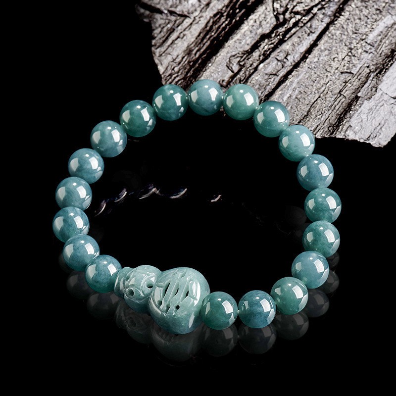 Certified Natural Blue Jade Jadeite Beaded Elastic Stretch Gourd Bracelet