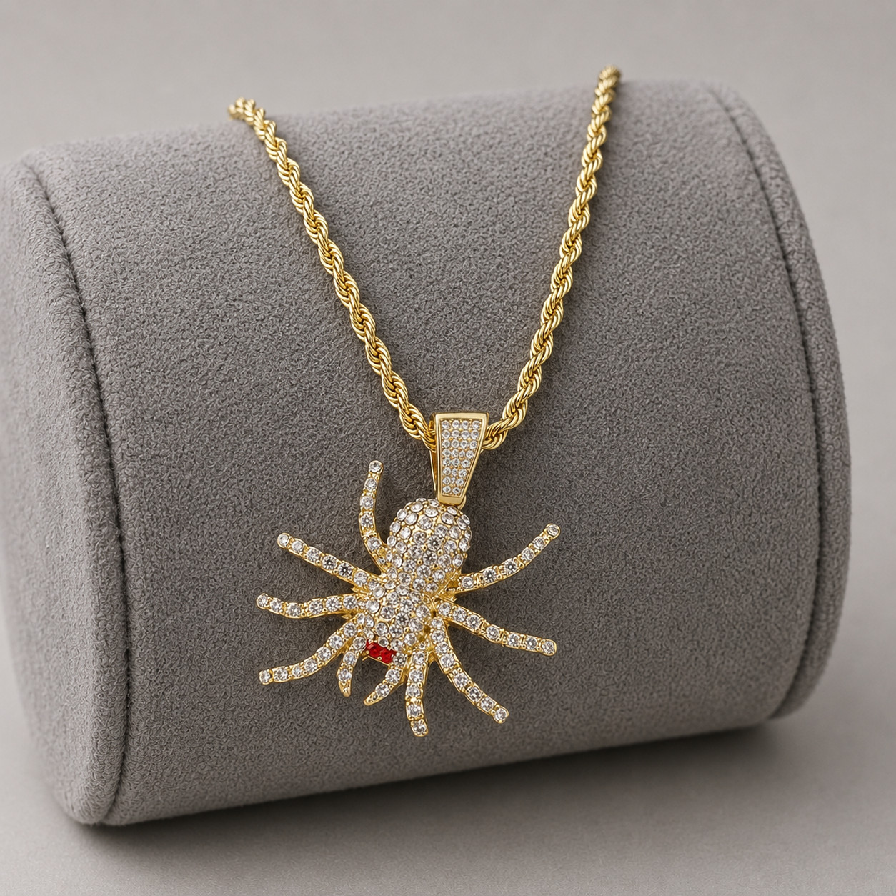 Iced Spider Pendant Necklace Gold Tone 24in Rope Chain Hip Hop CZ Unisex
