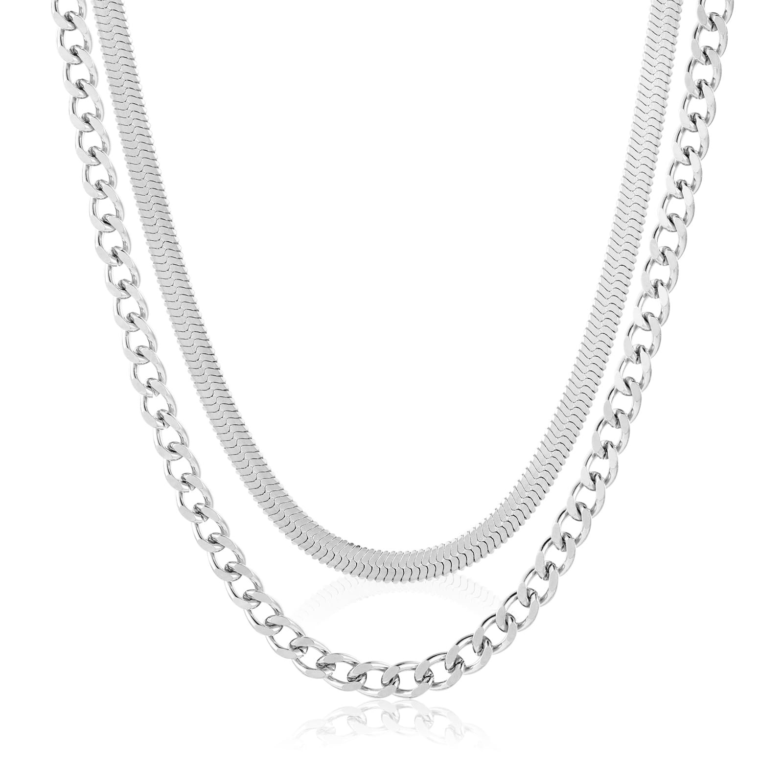 Lydow Layered Silver Chain Necklaces for Men, 2PC Double Stainless Steel Cuba…