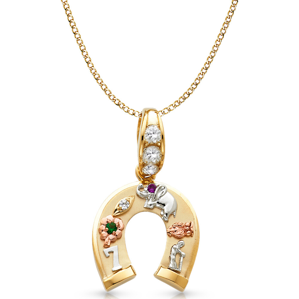 14K 3 Tone Gold CZ Lucky Horseshoe Charm Pendant & 4.9mm Cuban Chain Necklace