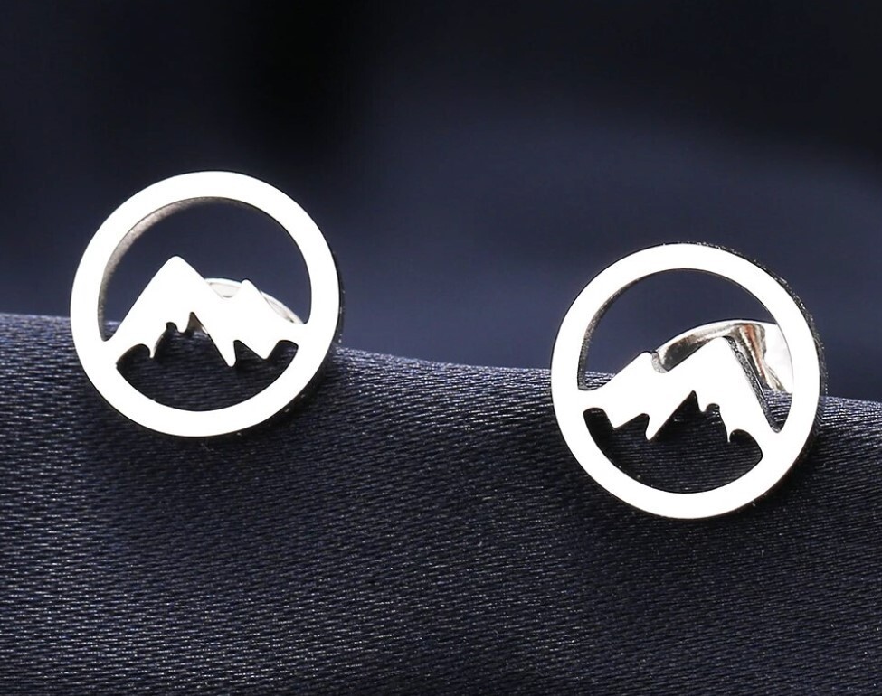 Stainless Steel Post 10mm Mountain Silver Color Stud Earrings (1 pair)