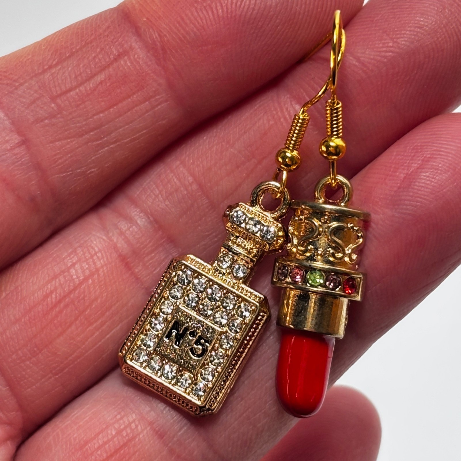 Fashion Earring Lipstick Perfume Gold Tone Rhinestones Charms