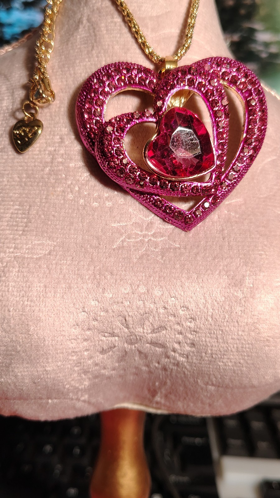 Betsey Johnson Fuscia Pink Rhinestone Triple Heart Necklace