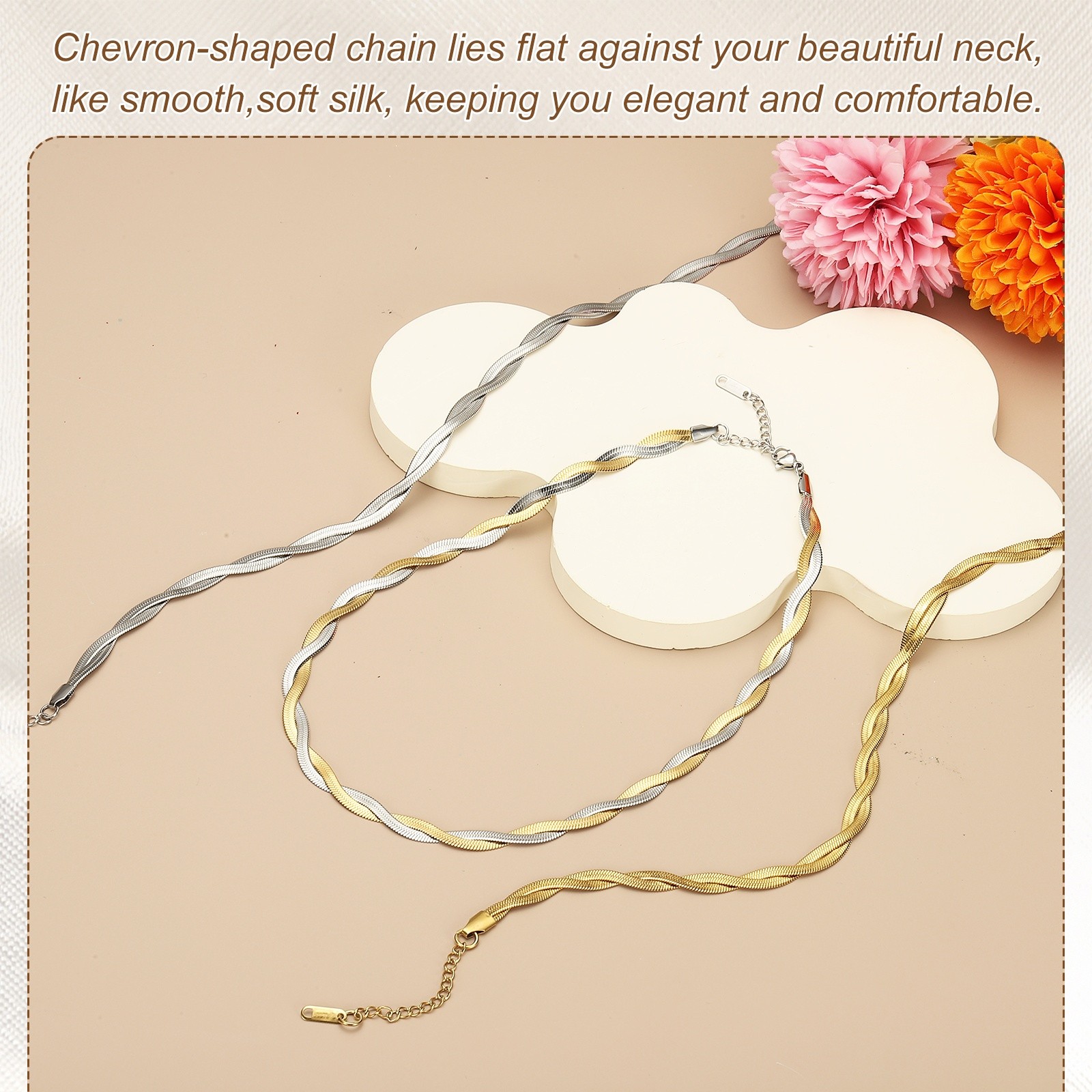 Snake Chain Herringbone Chokers 16″+2″ Layer Braided Chain Silver/Gold