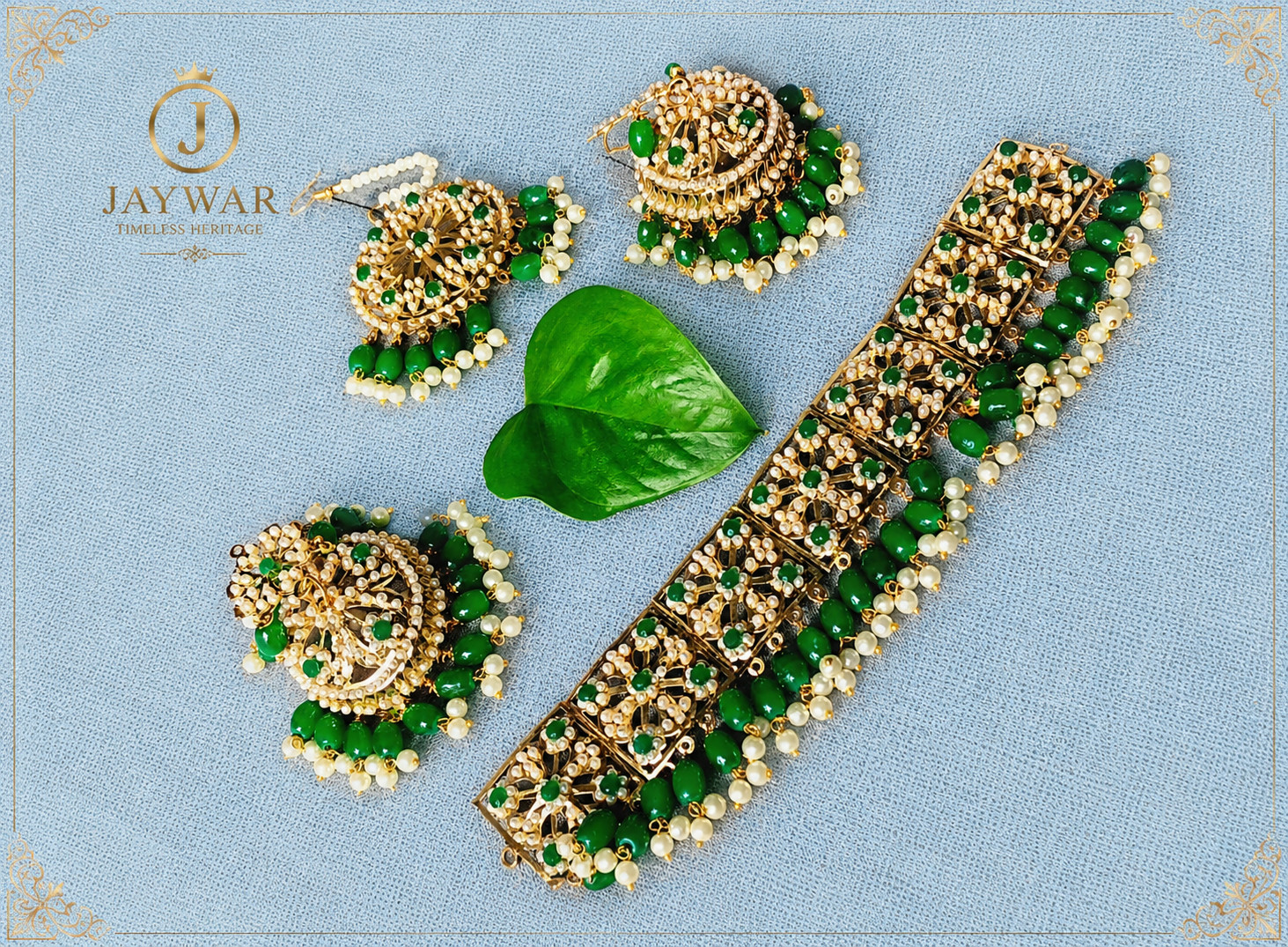 JAYWAR Green Beaded Choker Set Ethnic Bridal Jewelry Earrings & Maang Tikka