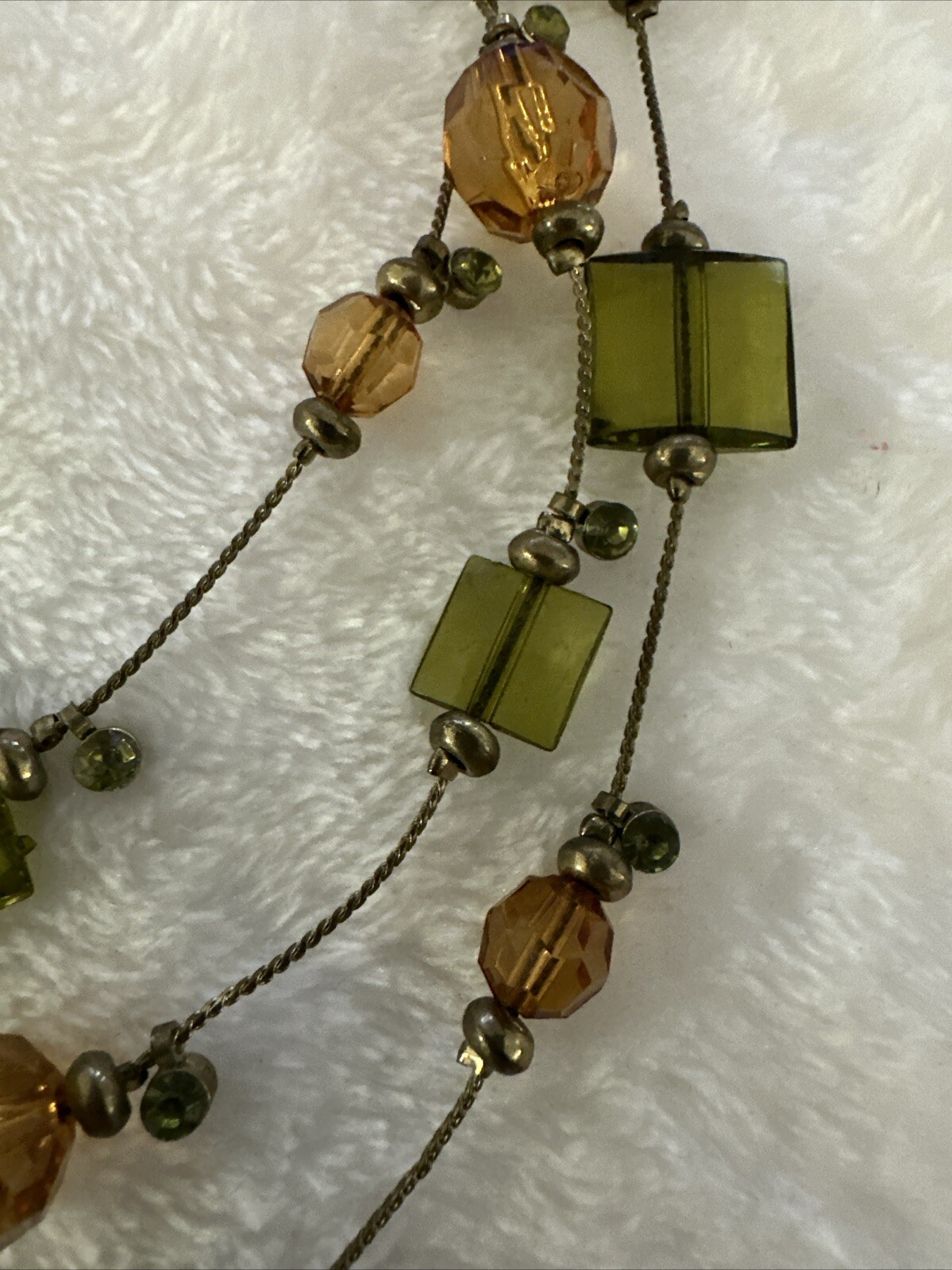 Layered Necklace Multi Strand Beaded Olive Peach Brass Color Chain Square 10”