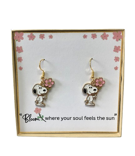 Snoopy Cute Gold Enamel Earrings Inspirational Pink Flower Boxed Greeting Card
