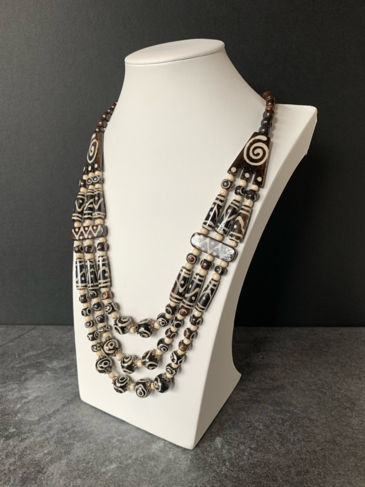 Vintage Bone 3 Strand Tibetan & African appearing Tribal Bead 26″ Necklace 58
