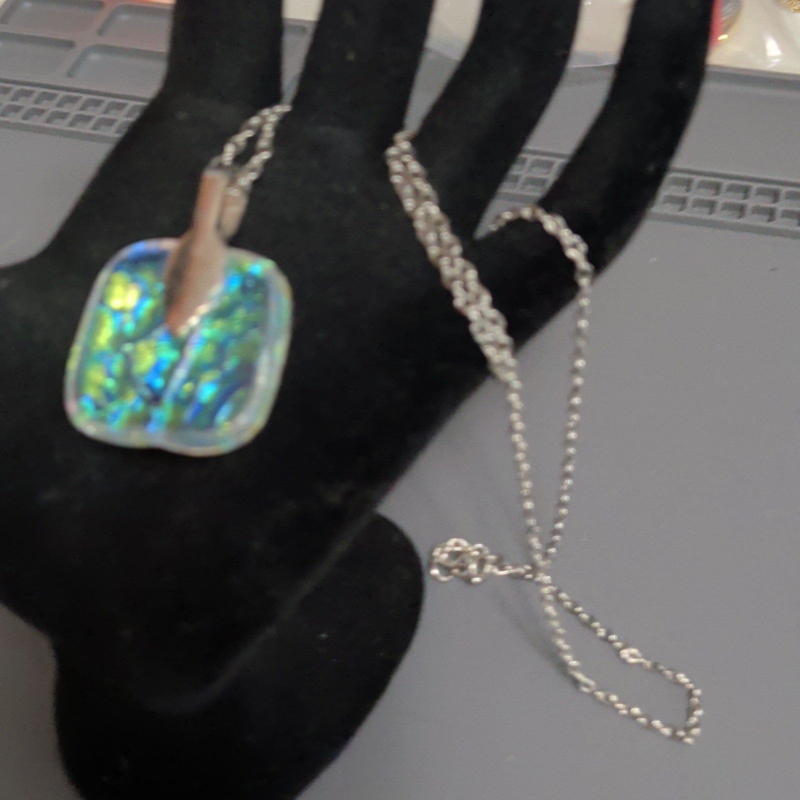 Silver Tone Cable Chain Necklace, Iridescent Square Glass Charm Pendant, Lobster