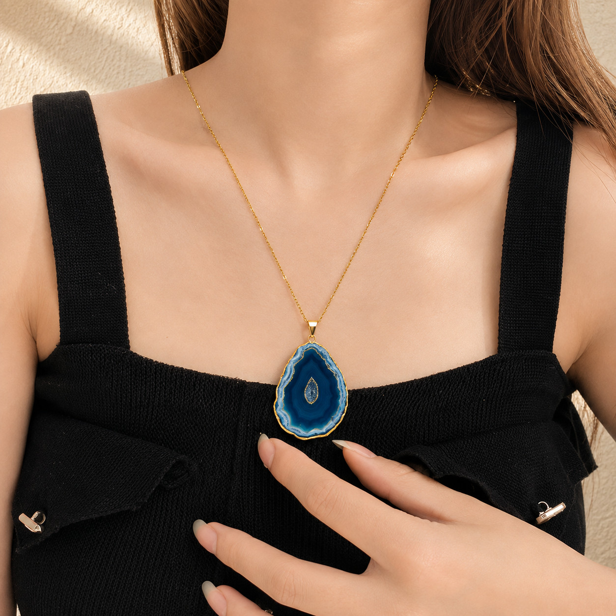 Natural Blue Quartz Geode Druzy Necklace | Handcrafted Unique Irregular Pendant
