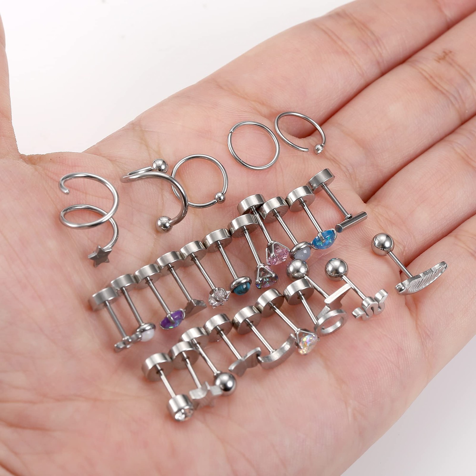 Dochais 25 Pairs Hypoallergenic Flat Back Stud Earrings Set for Women, Silver