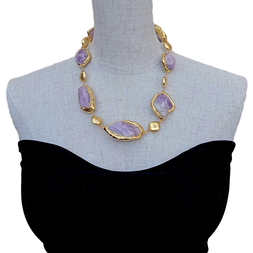 20″ Natural Pink Kunzite Rough Raw Gold Plated Edge Brushed Bead Necklace