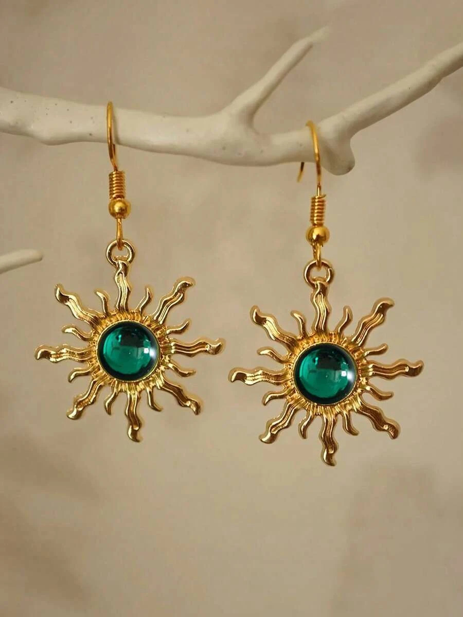 1 pair Boho Sunflower Jade Earrings Gold Plated Baroque Dangle Women
