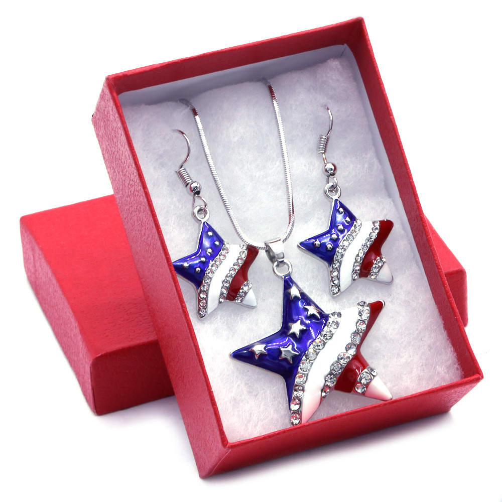USA American Flag Star 4th of July Veteran Day Patriotic Earrings Necklace Set