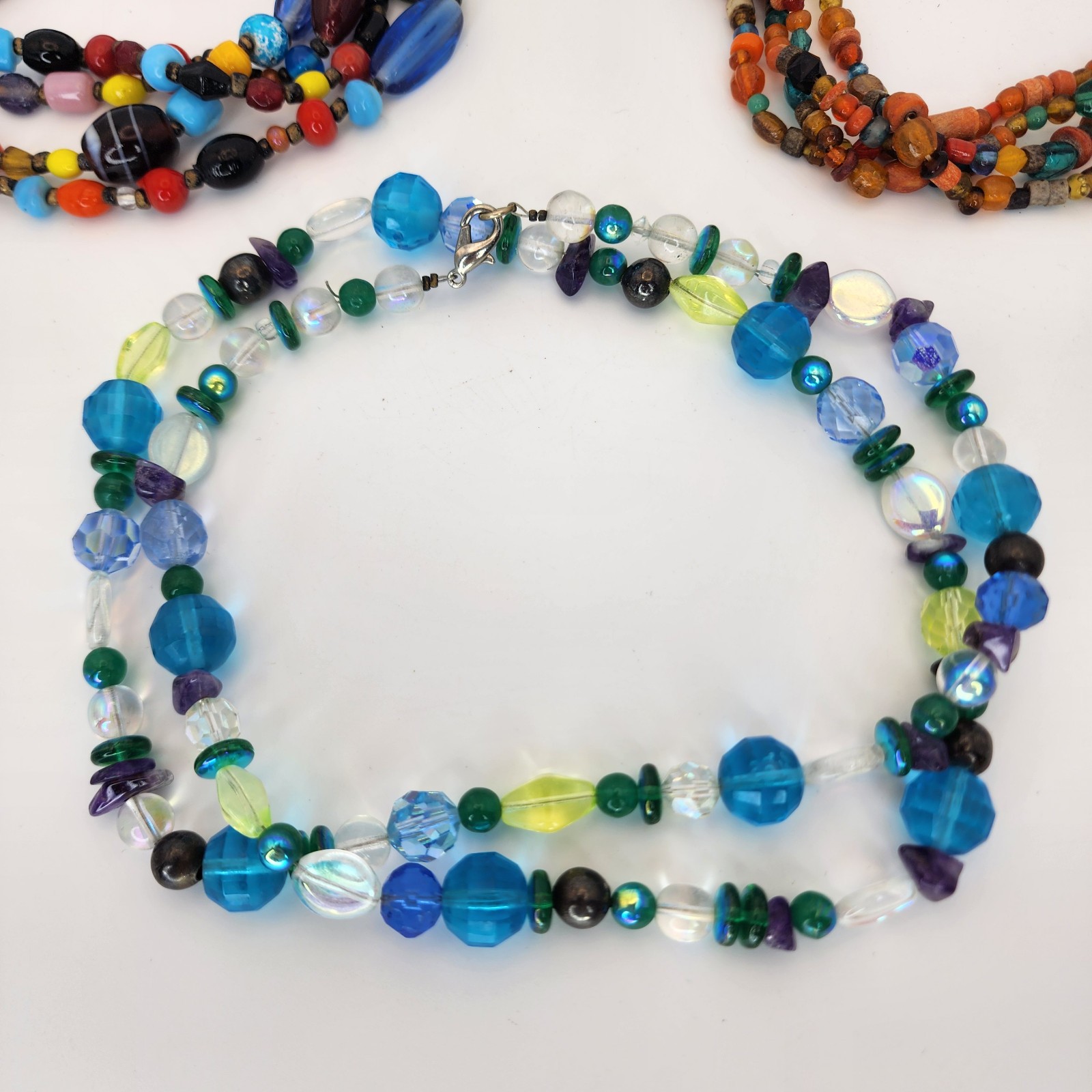 Colorful Beaded Long Dangle Necklace Lot Glass Stone Plastic Boho Eclectic