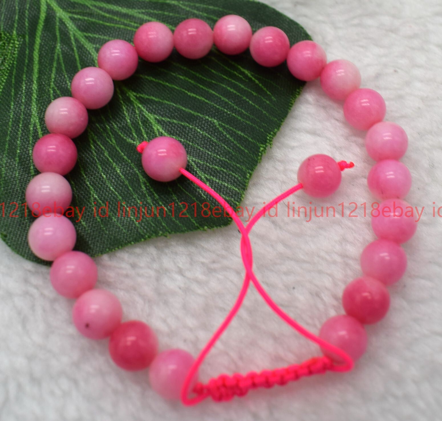 Natural 6/8/10mm Pink White Jade Round Gematone Beaded Adjustable Bracelet 7.5in