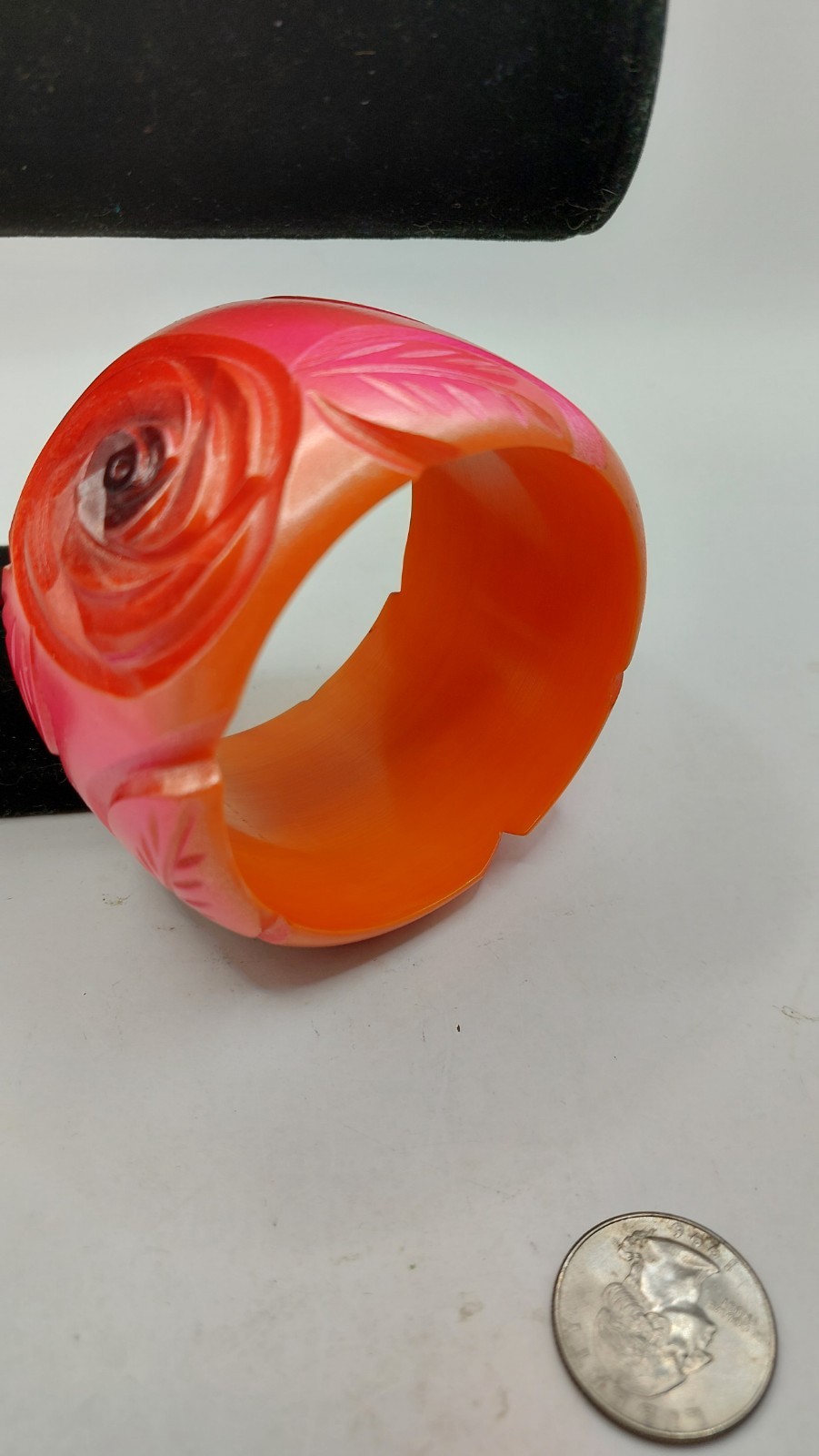 Chunky Carved Bangle Bracelet Roses Leaves Red Pink Orange Coral Shades 2″ Wide