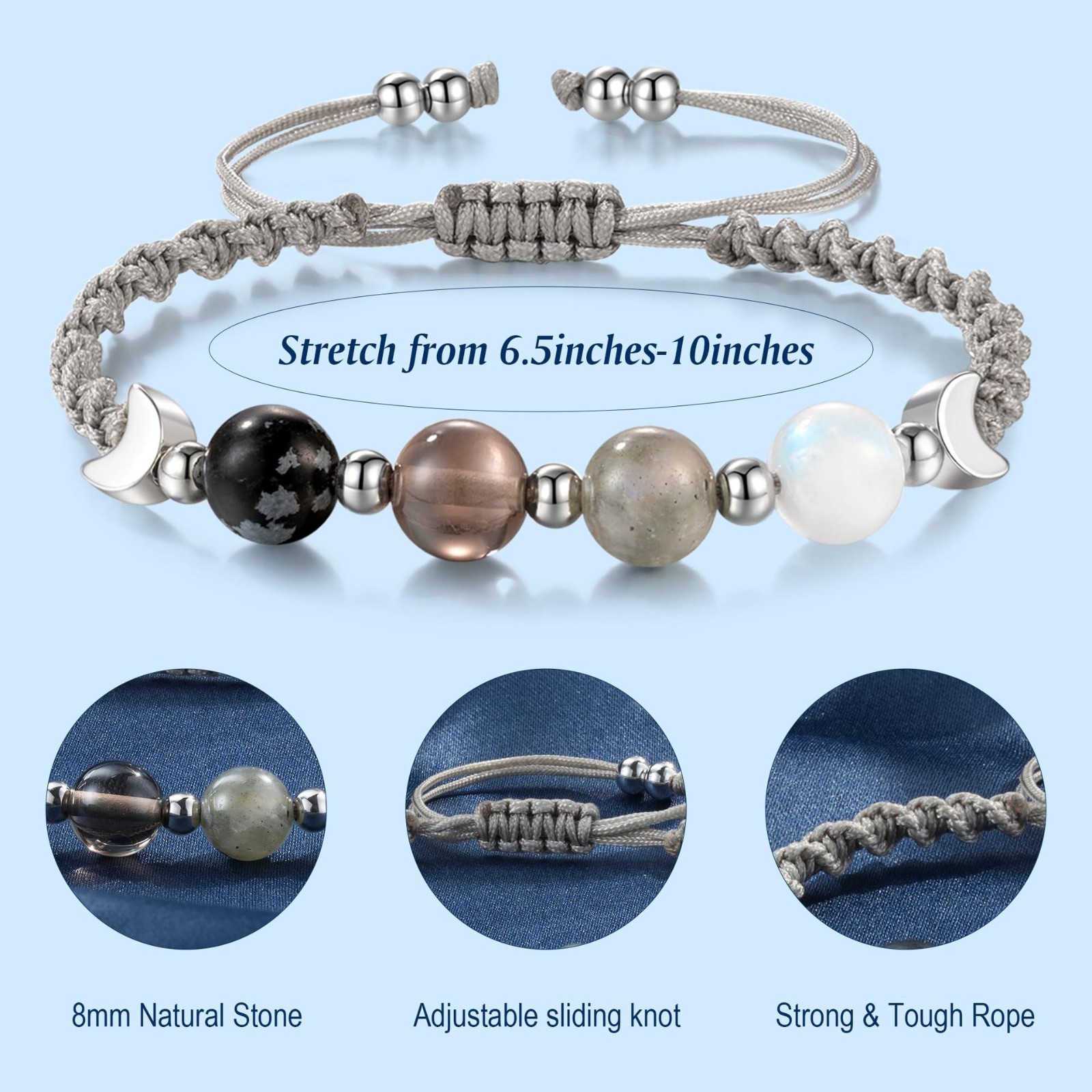 Moon Phase Crystal Bracelet Smoky Quartz Labradorite Obsidian Braided Rope Gift