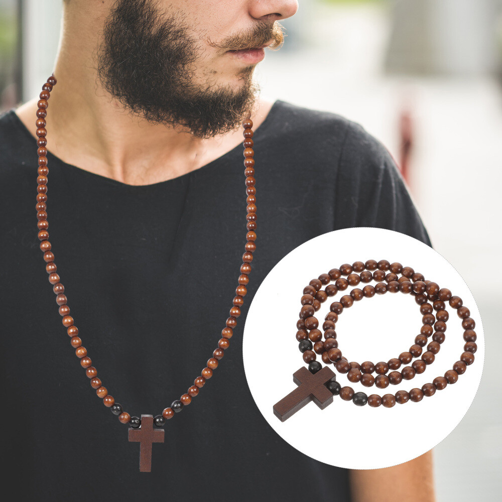 Wooden Cross Necklace For Men Beaded Chain Necklace Rosary Trendy Necklace
