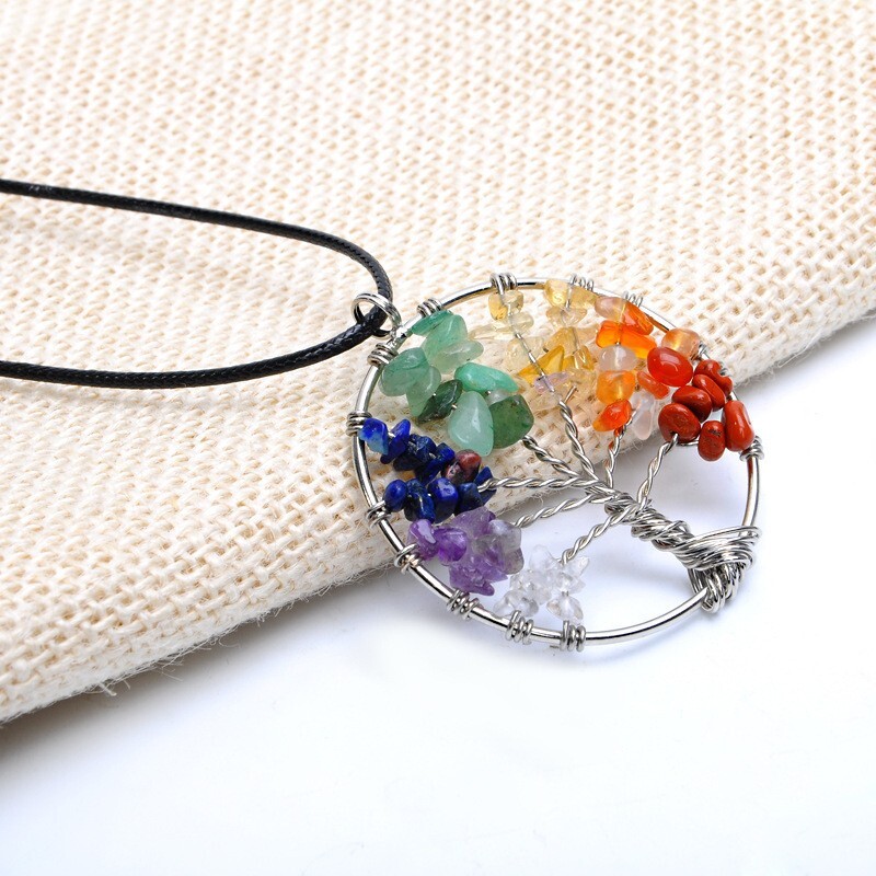 Tree of Life Pendant Necklace 7 Chakra Natural Gemstone Crystal Stones Healing