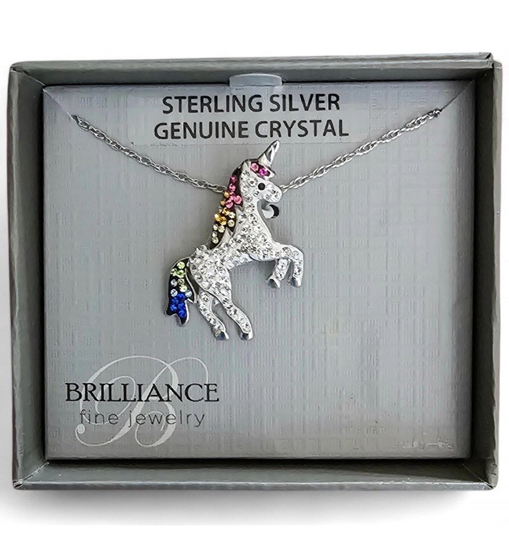 Brilliance Fine Jewelry Sterling Silver & Crystal Unicorn 18” Necklace, NEW NIB!