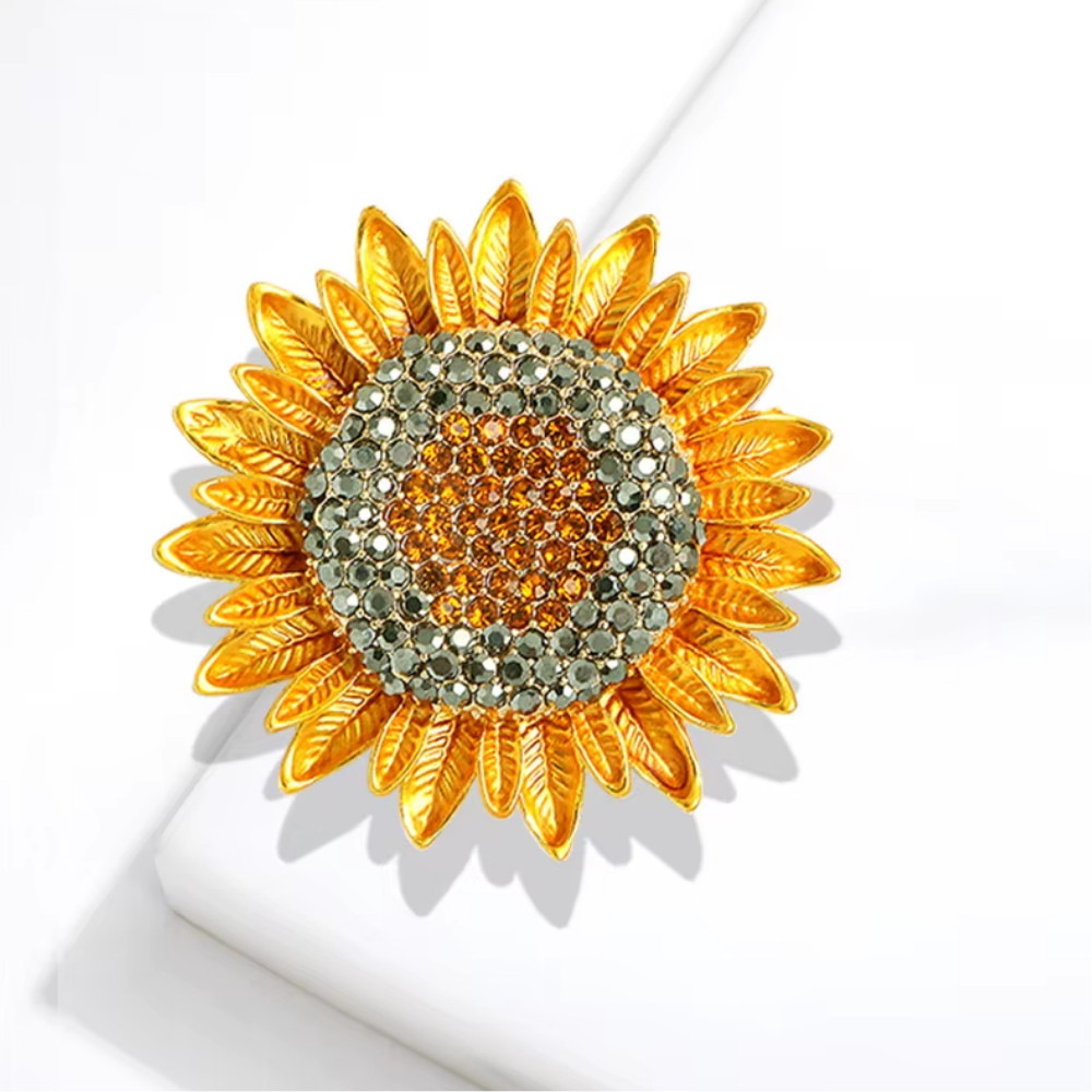 Sunflower Brooch Rhinestone Crystal Gold Yellow Flower Pin Jewelry Summer Gift