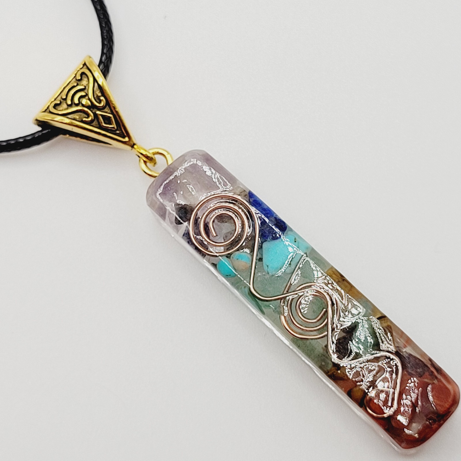 Modern Stone Chip Chakra Healing Meditation Pendant Faux Leather Cord Necklace