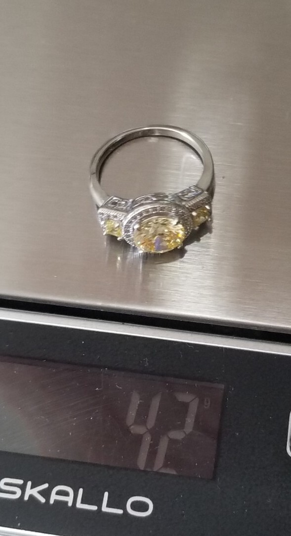 JTV sterling silver Canary Yellow 3 Three stone cz halo Ring