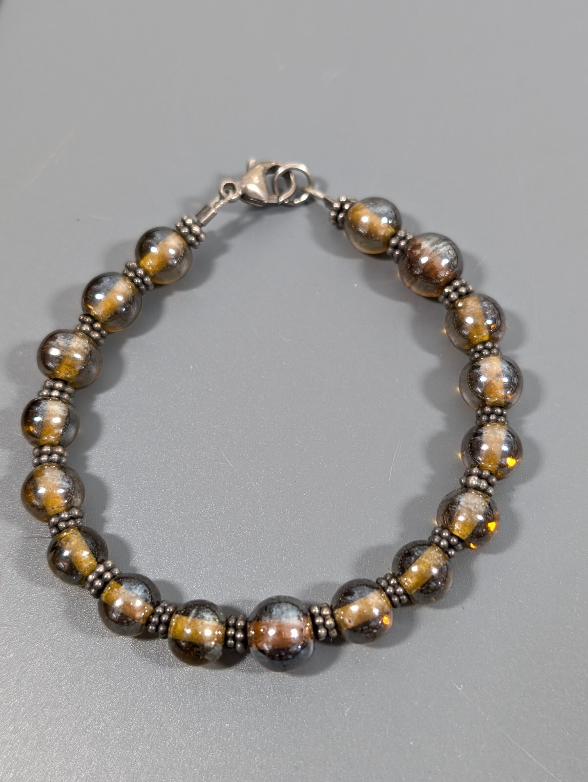 Boho Western Brown Iridescent Glass Round Bead Bracelet Sterling Clasp 6.5 in