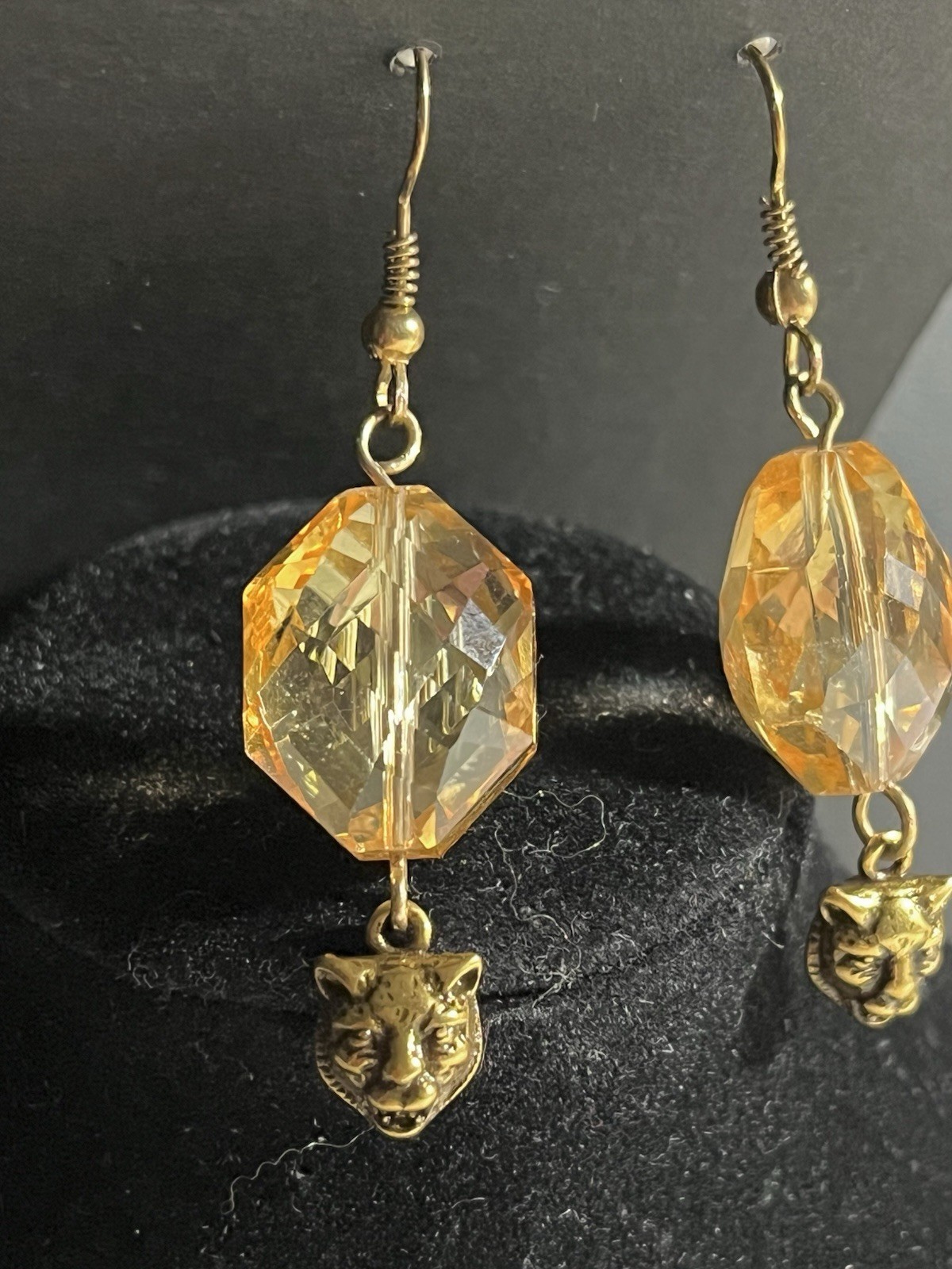 Lion Head Zipper Pull Charm On Amber Bead Custom Wire Earrings