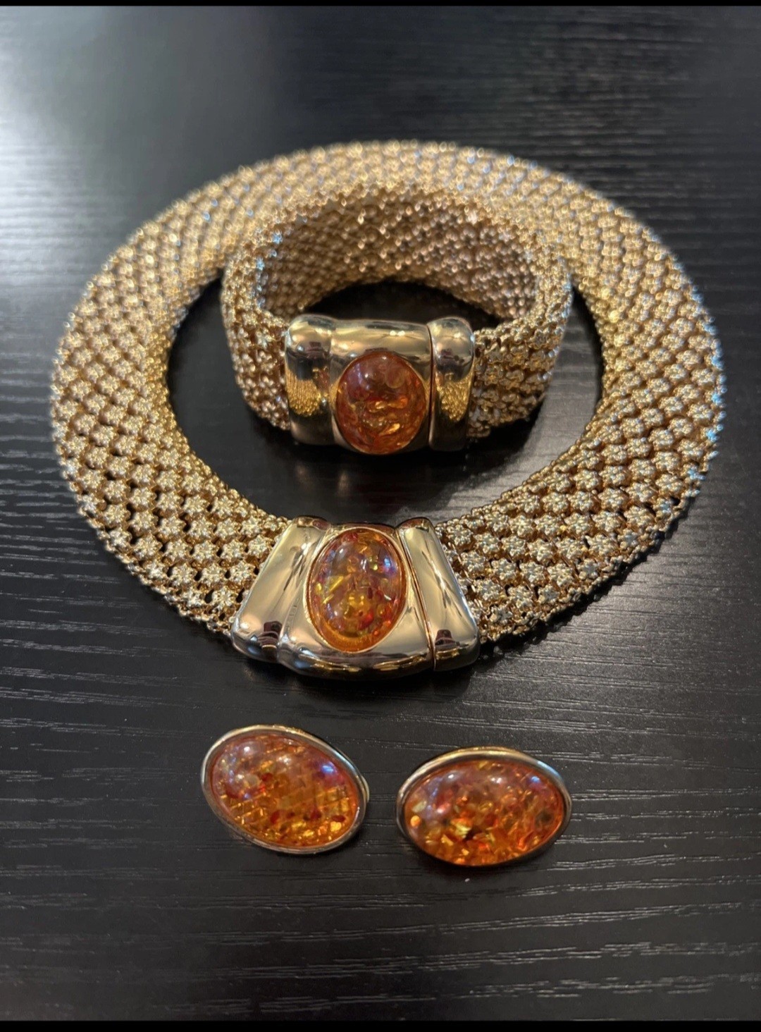 Gold Tone Mesh Necklace Bracelet & Clip-On Earrings Set Oval Orange Cabochons