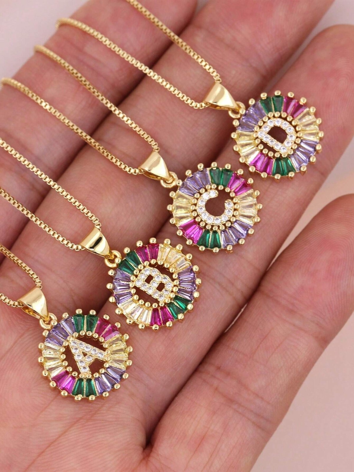Gold Plated Rainbow CZ Initial Letter Necklace Pendant Women Personalized Gift