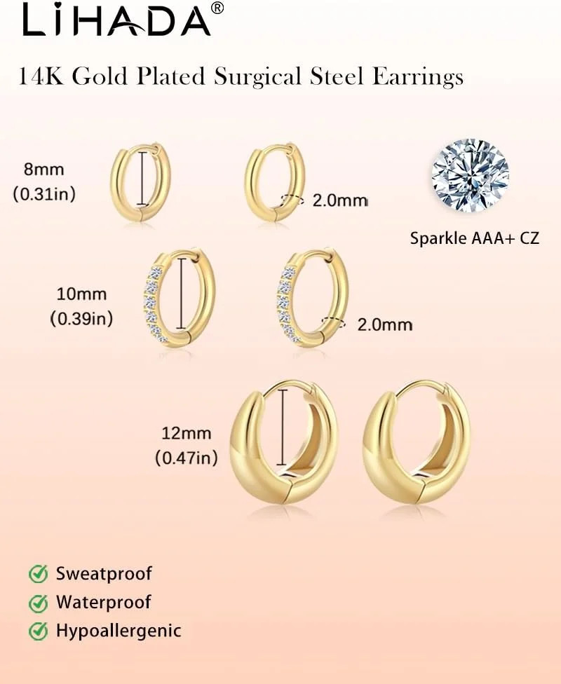 Surgical Steel Huggie Hoop Earrings for Women Set,14K Gold Plated Small Hypoalle