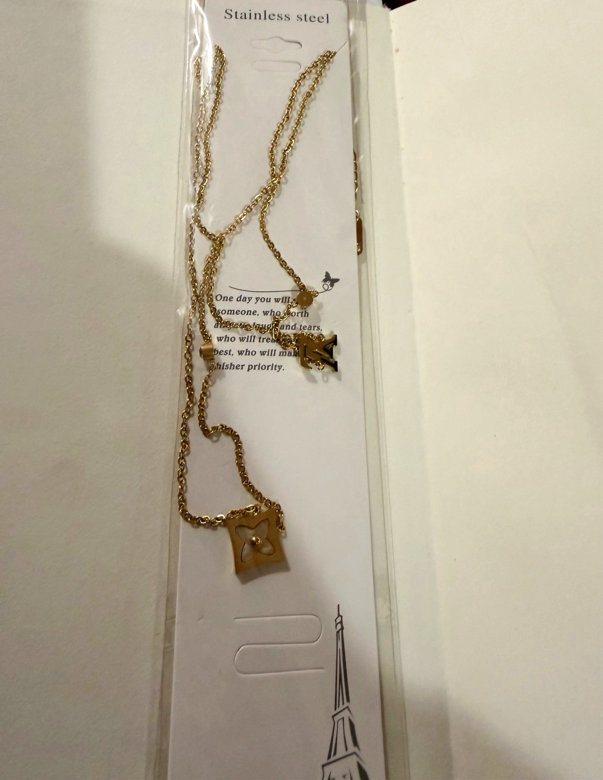 Gold Tone Stainless Steel Cable Chain Necklace Square Charm Pendant Lobster