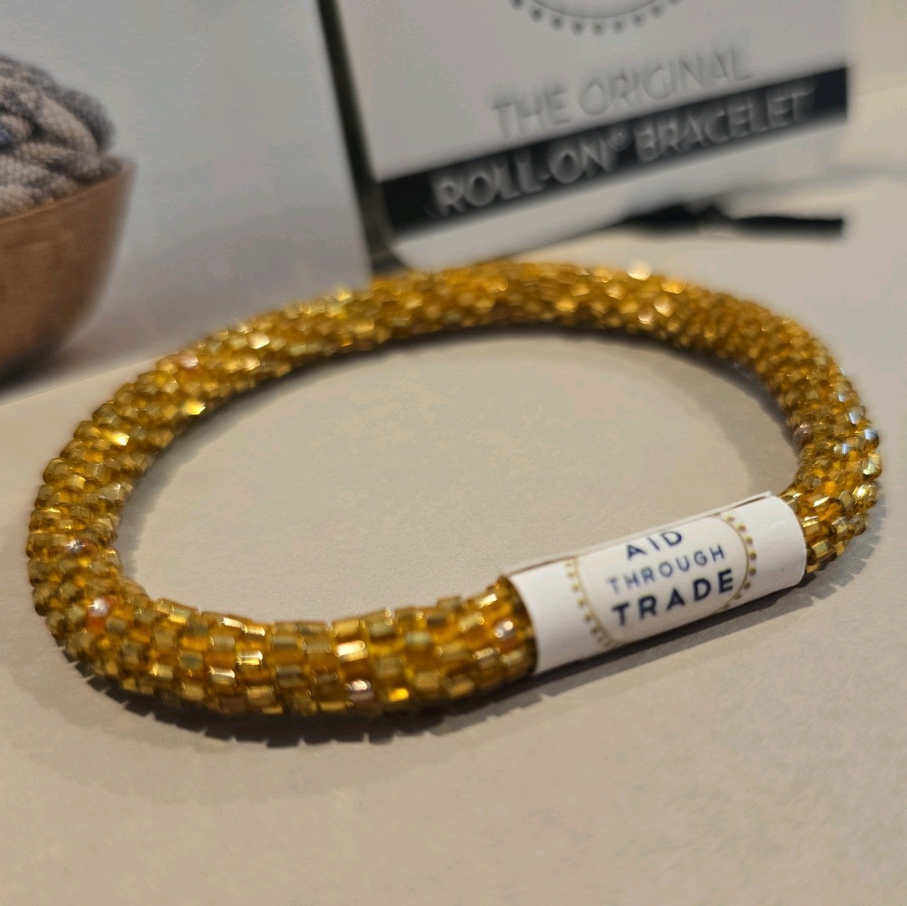 Aid Through Trade Roll-On Beaded Bracelet Gold Nepal Glass Bead Fair Trade NWT