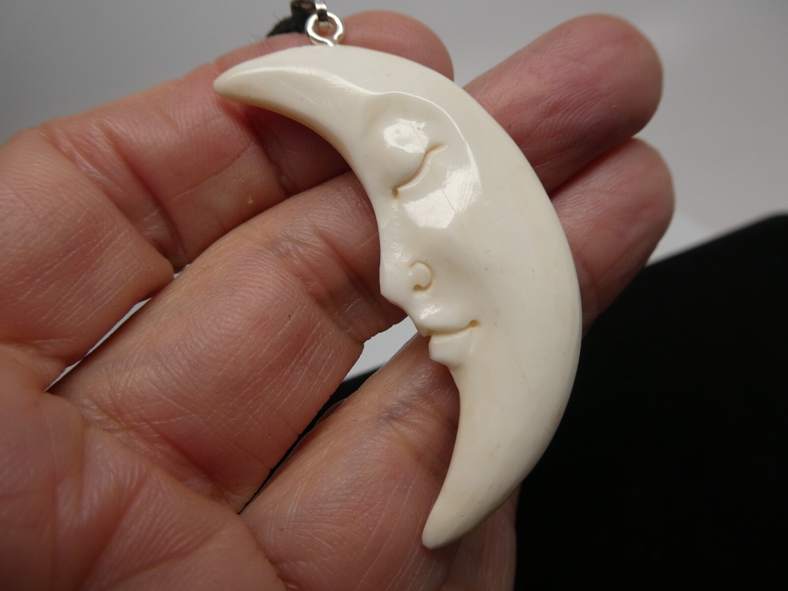 Crescent Half MOON Double Sided Face Carved Water Buffalo Bone Pendant Necklace