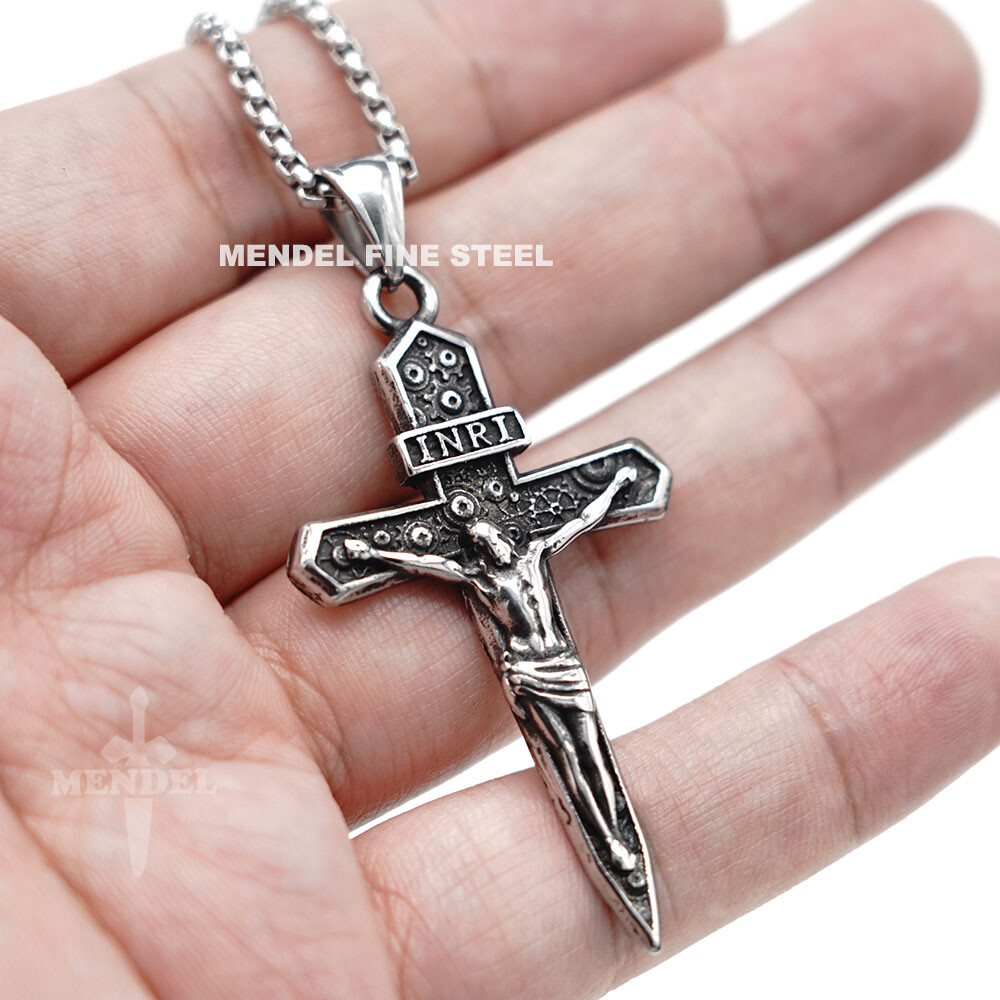 MENDEL Mens Stainless Catholic Jesus Christ Face Crucifix Cross Pendant Necklace