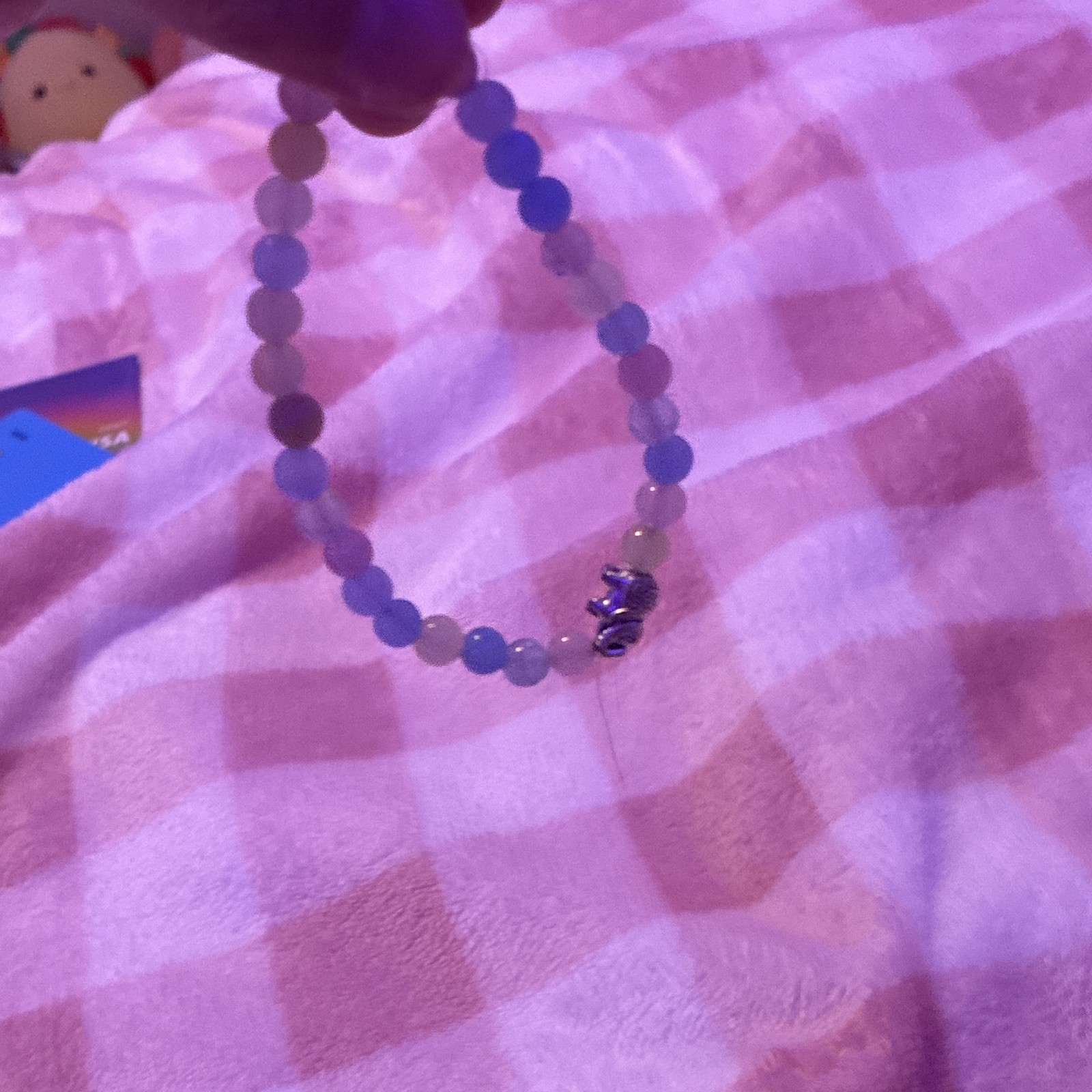 Pink & Blue Beaded Stretch Stackable Bracelet Elephant Dangle Charm, Slip-On