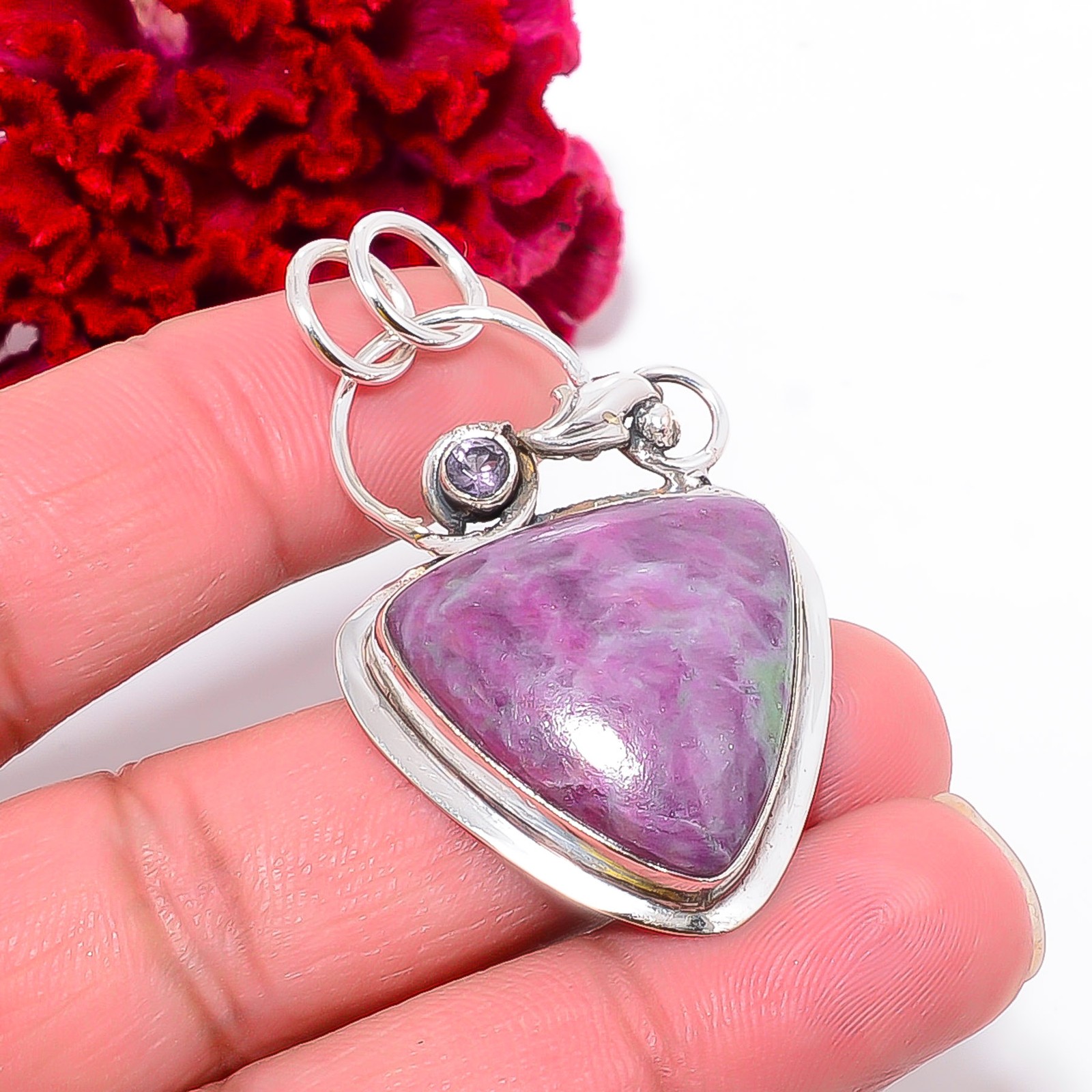 Natural Ruby With Zoisite & Green Amethyst 925 Silver Pendant 2.00″ P742