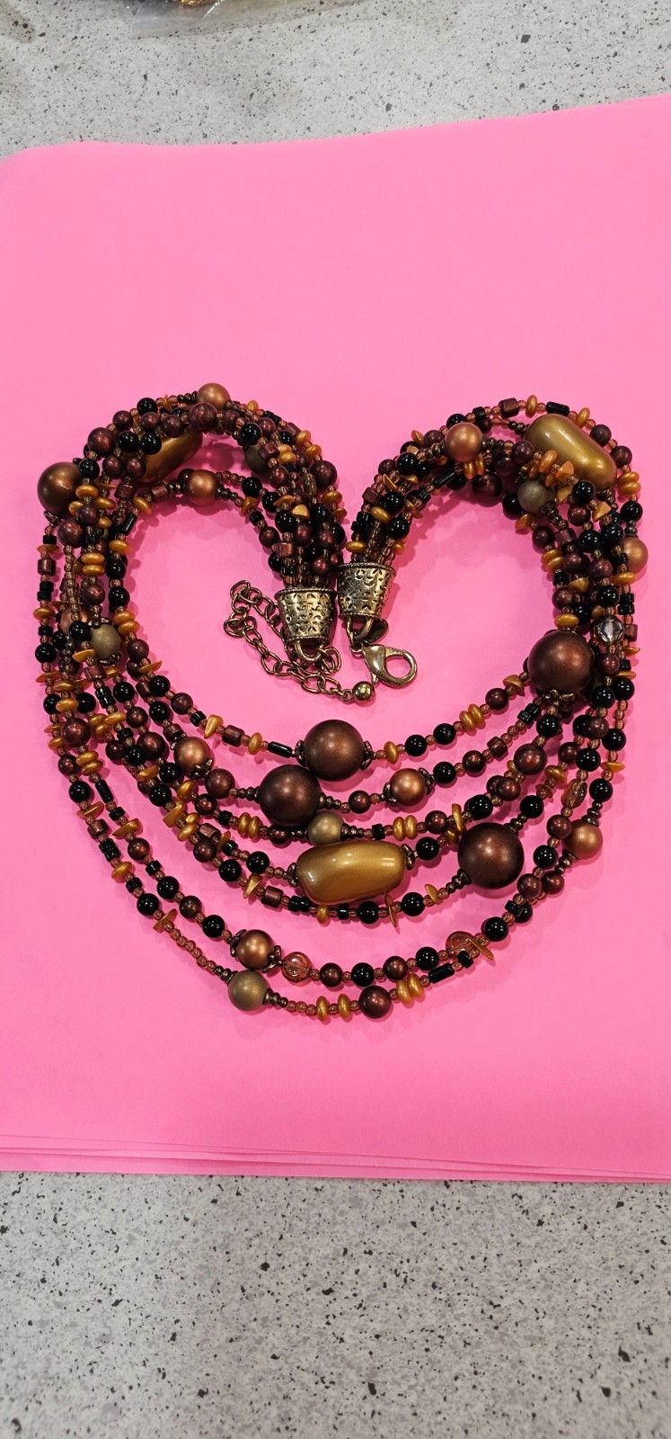 CHICOS 7 strand necklace brown gold beads 21” plus 4 1/2” chain