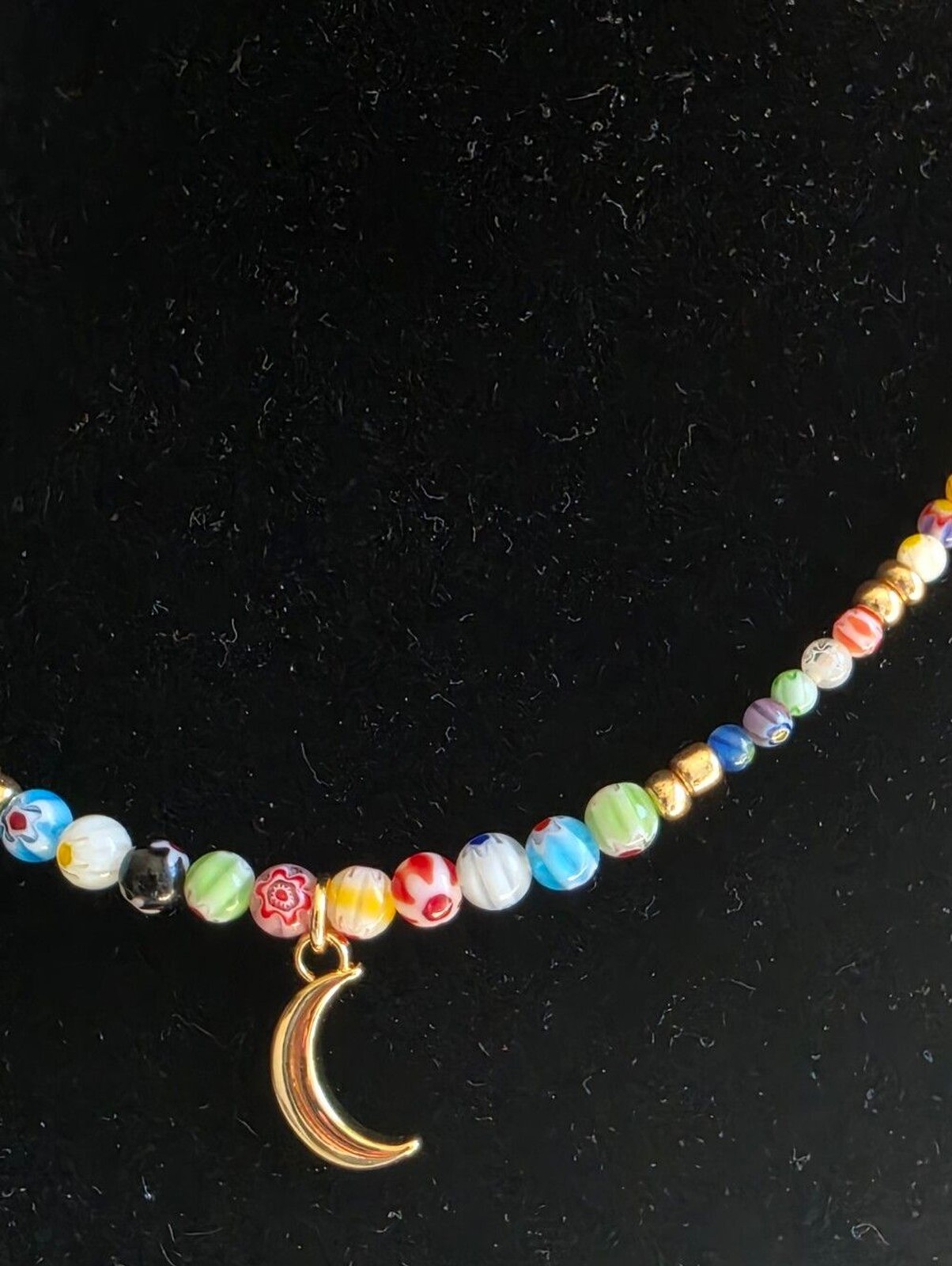 14k Gold Plated Crescent Moon Charm Necklace Multi Color Millefiori Glass Bead