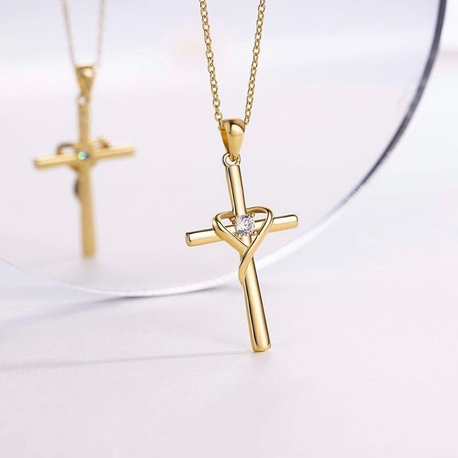 Gold Faith Cross Heart Necklace Crystal Pendant Inspirational Christian Jewelry