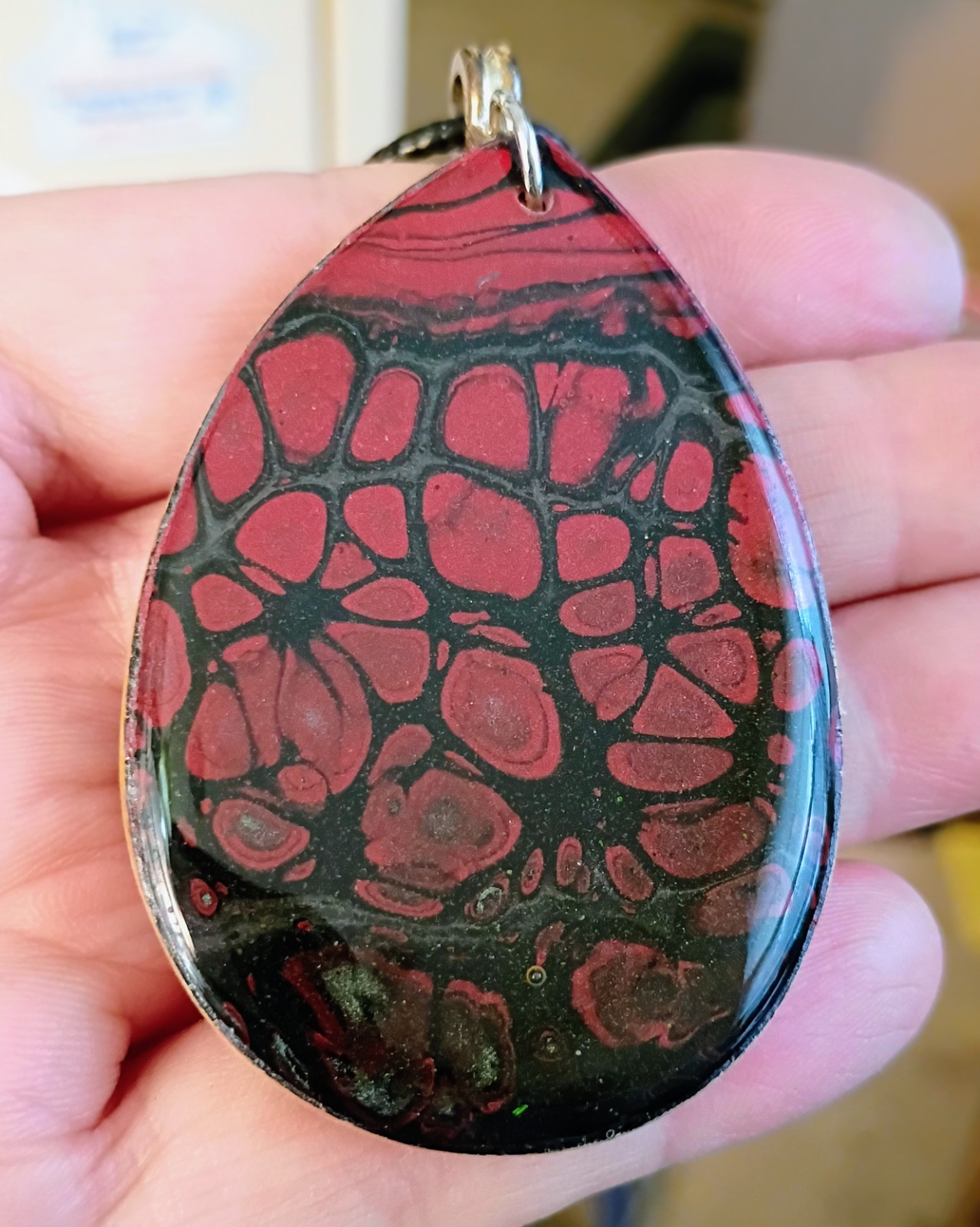 Hand Painted Necklace On Wood w/ Silver Toned Fitting & Black Cord Lightweight