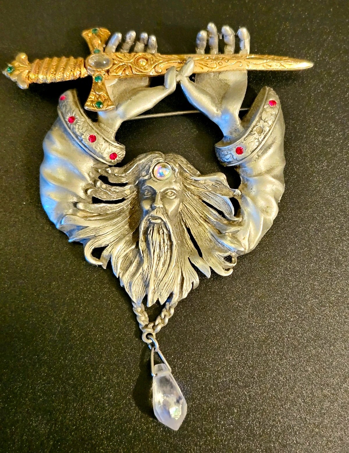 Rare Vtg Jonette Jewlry Pewter Wizard Brooch GoldTone Sword Excalibur Merlin Pin
