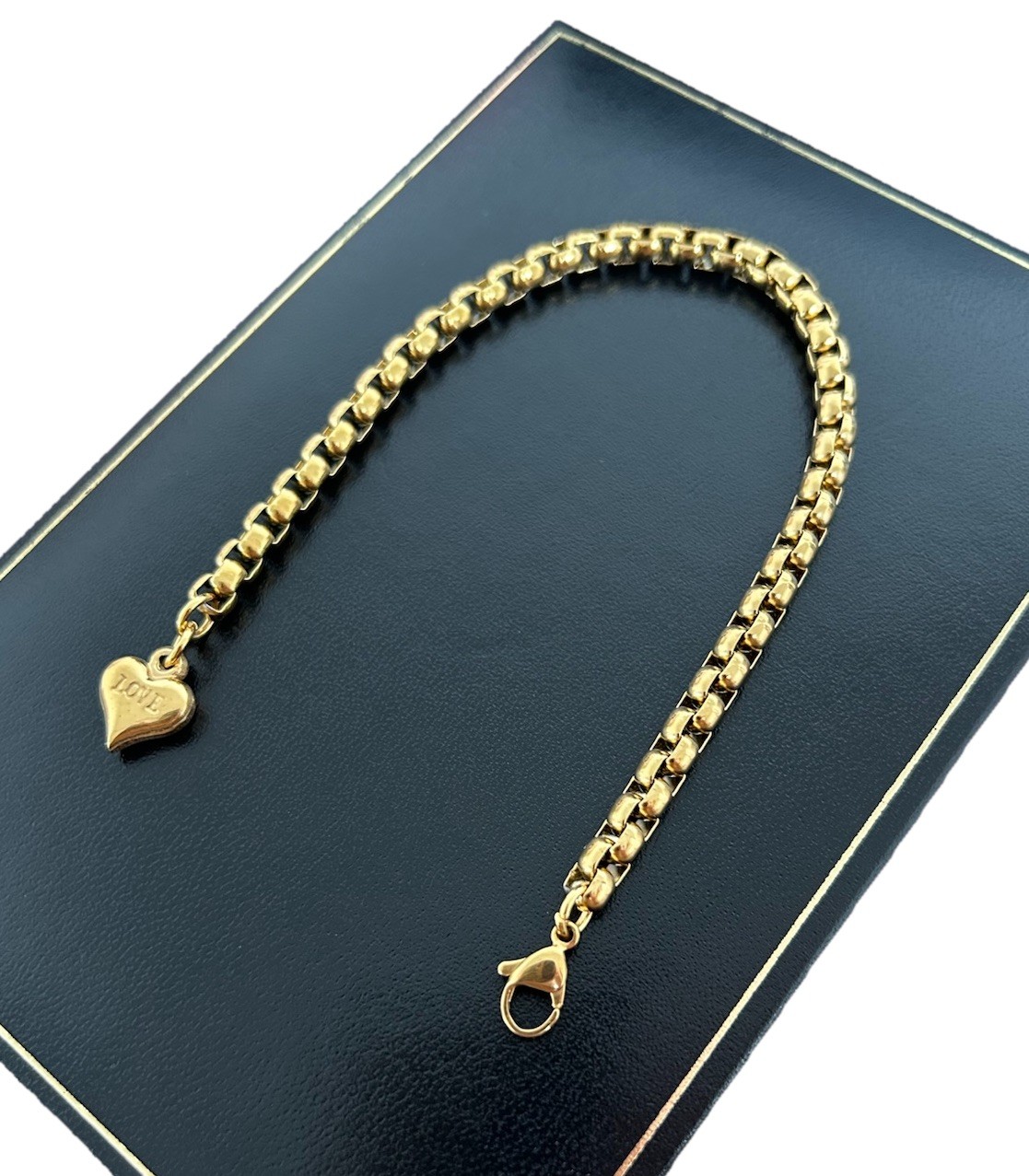 9ct Gold Filled Solid 20cm Love Heart Charm Rolo Belcher Bracelet Women’s Girls
